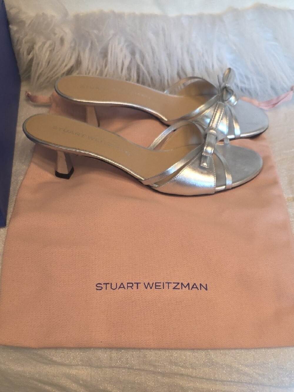 Stuart Weitzman Felicity Slide Metallic Silver Knot-Front Kitten Heel Mules 8 - Picture 16 of 16
